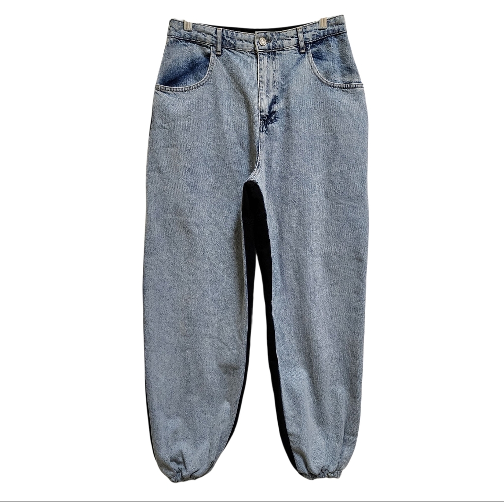 Boohoo Jeans Womens 10 Blue Black Colorblock Denim Joggers Baggy Mom High Rise